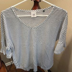 Cabi white tee with black stripes and ruffled sleeves